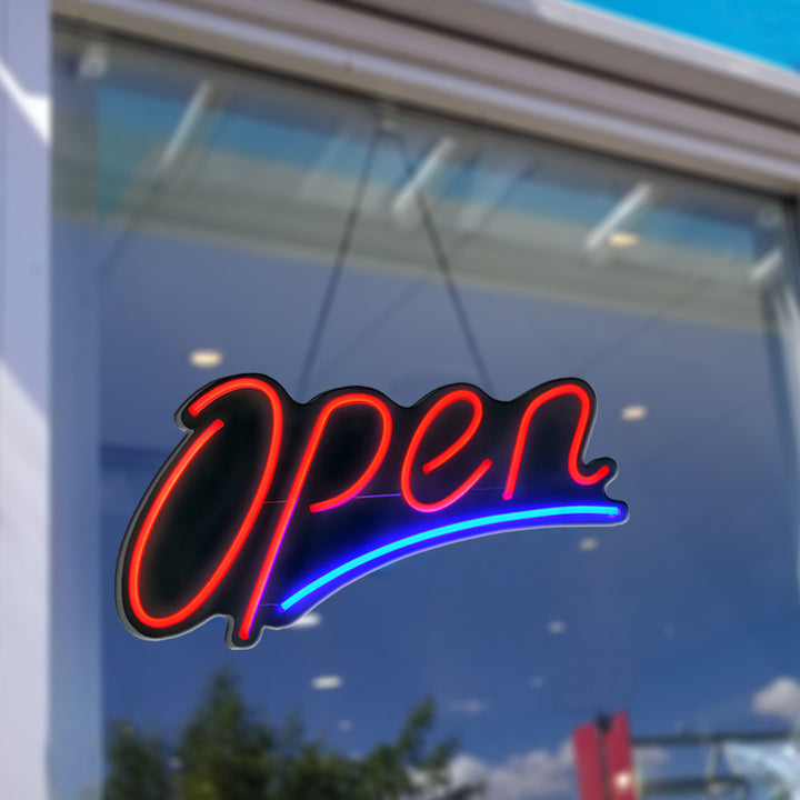 LED Curved Open Sign – Blue and Red Neon Lights for Retail & Commercial Spaces #2028