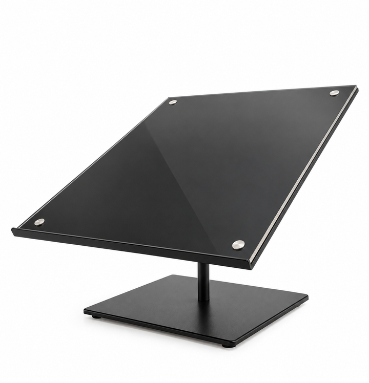 Angled Acrylic Sign Holder Stand 8.5" x 11" – Black Metal Base Tabletop Display