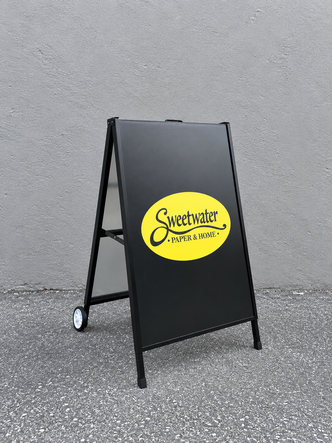 Black Metal A-Frame Sign with Wheels – Portable Sidewalk Sign for Outdoor Advertising