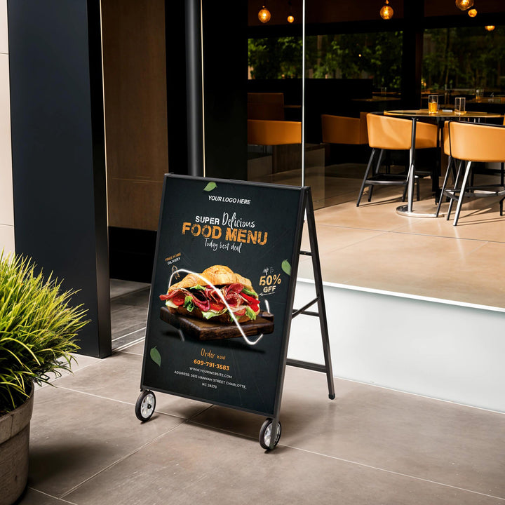 Black Metal A-Frame Sign with Wheels – Portable Sidewalk Sign for Outdoor Advertising