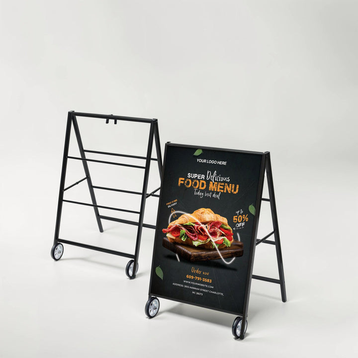 Black Metal A-Frame Sign with Wheels – Portable Sidewalk Sign for Outdoor Advertising