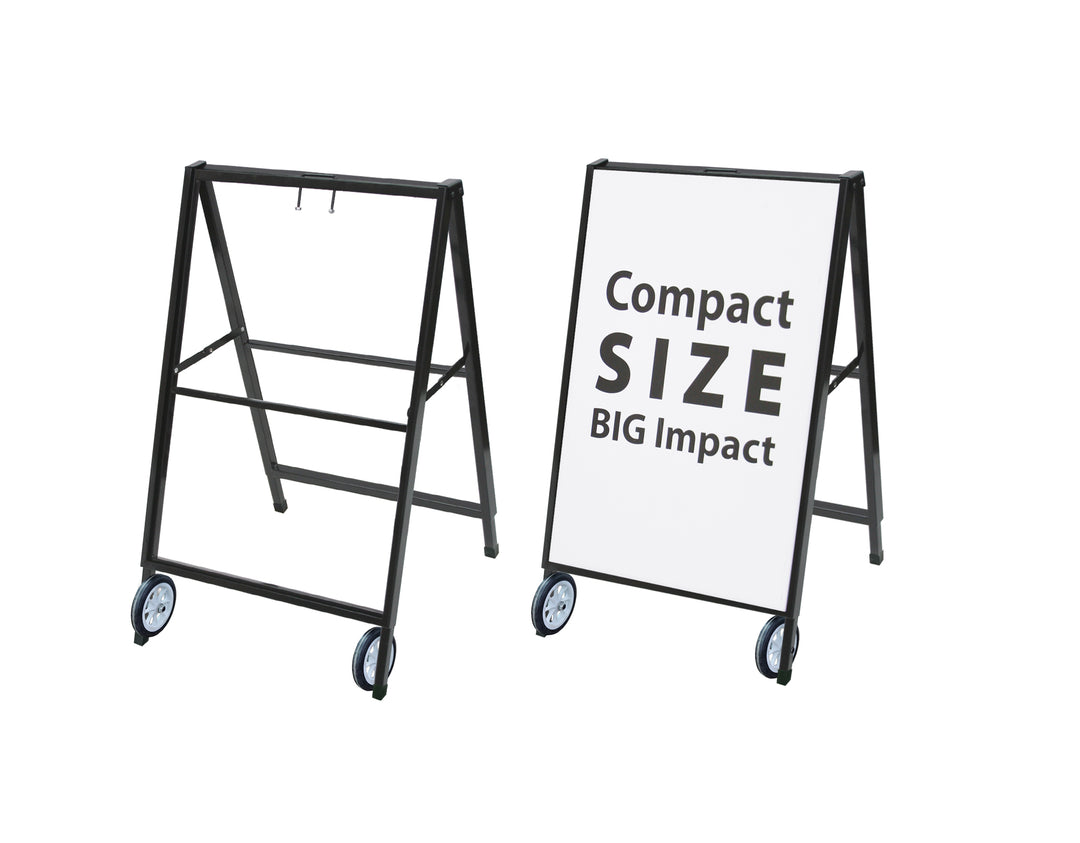 Black Metal A-Frame Sign with Wheels – Portable Sidewalk Sign for Outdoor Advertising