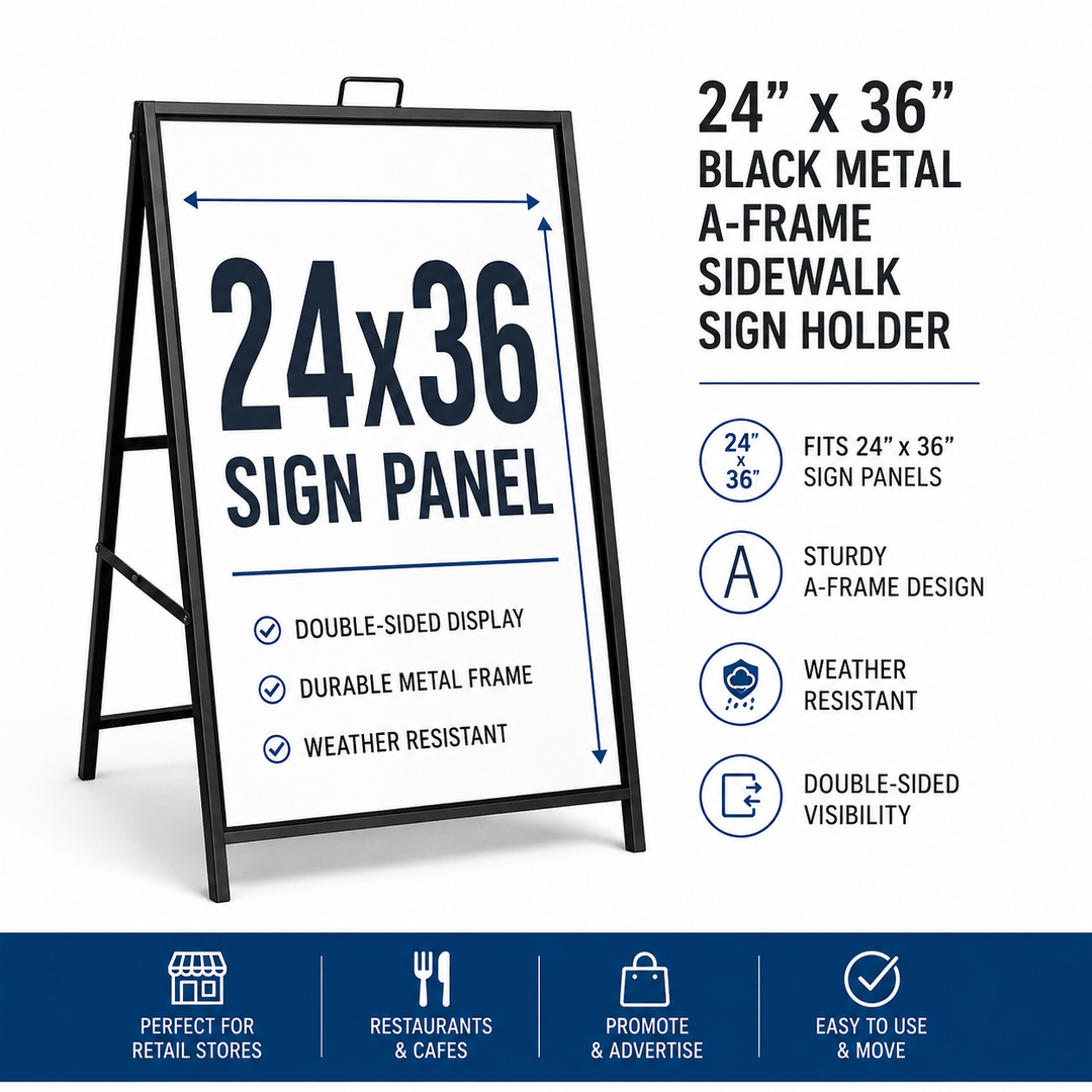 24" x 36" Black Metal A-Frame Sidewalk Sign Holder – Double Sided Outdoor Sandwich Board