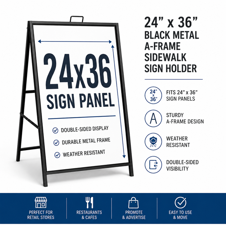 24" x 36" Black Metal A-Frame Sidewalk Sign Holder – Double Sided Outdoor Sandwich Board