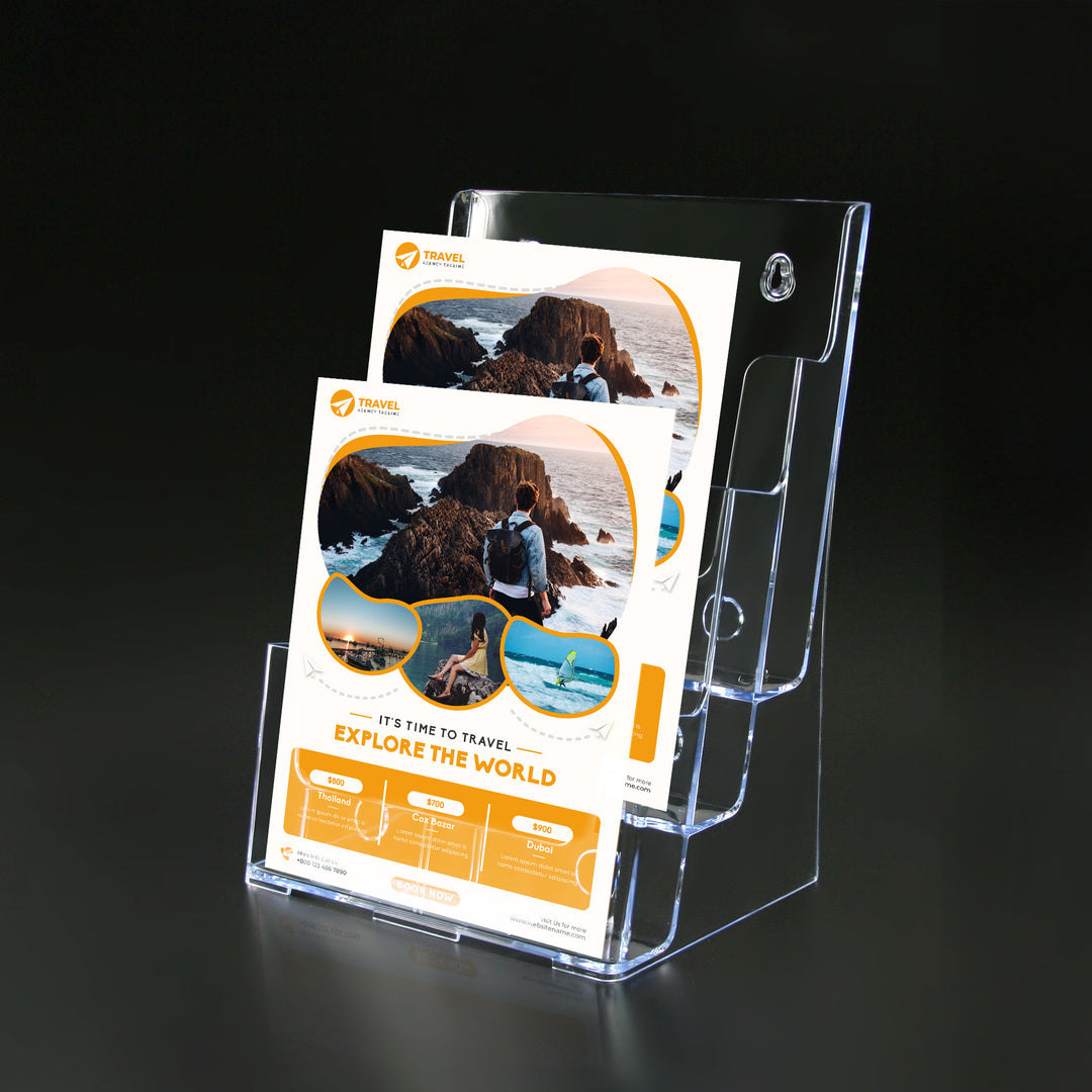 3-Bay Countertop Brochure Holder – Acrylic Literature Display for 8.5" x 11" Documents – Compact Design (9.25" W x 13.25" H x 7" D)