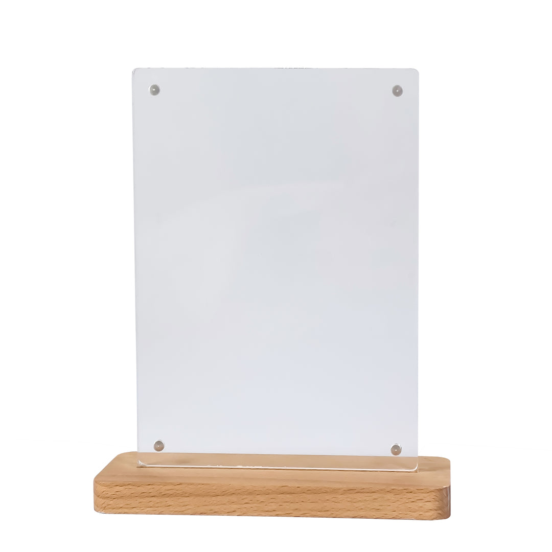 Magnetic Clear Acrylic Wood Base Sign Holder 5" x 7" – Stylish Desk Display Stand for Menus & Signage - CTSW007