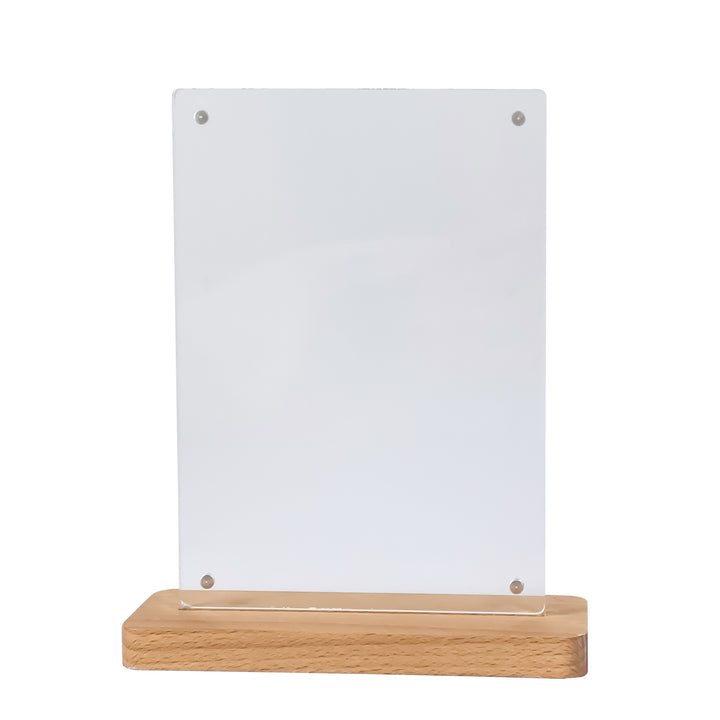 Magnetic Clear Acrylic Wood Base Sign Holder 5" x 7" – Stylish Desk Display Stand for Menus & Signage - CTSW007
