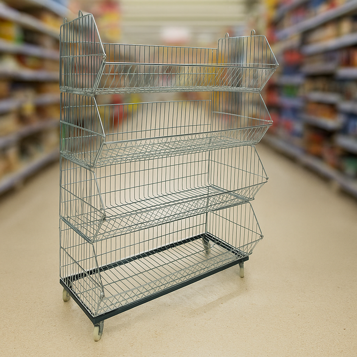 Heavy-Duty Metal Wire Basket Display Stand with Wheels – Rolling Retail Merchandiser for Supermarkets, Pop-Ups & Stores