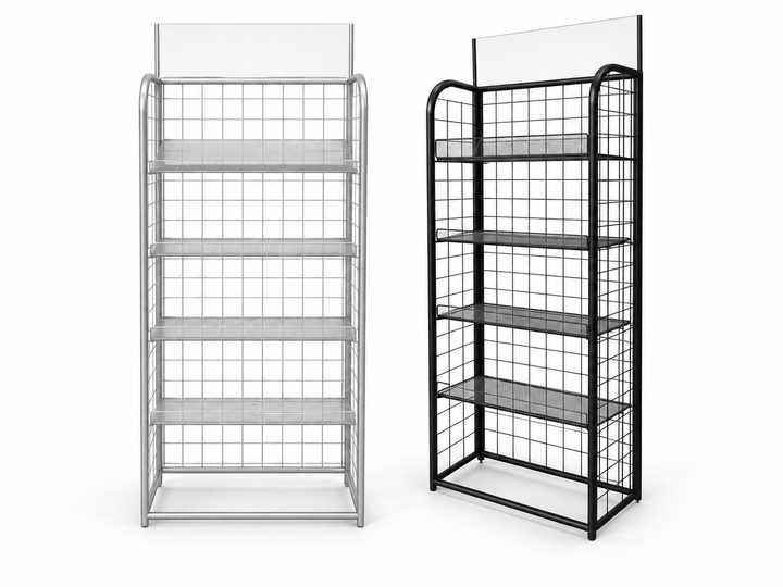 Metal Mesh Retail Rack – 4-Level Freestanding Display Shelf Organizer #A47