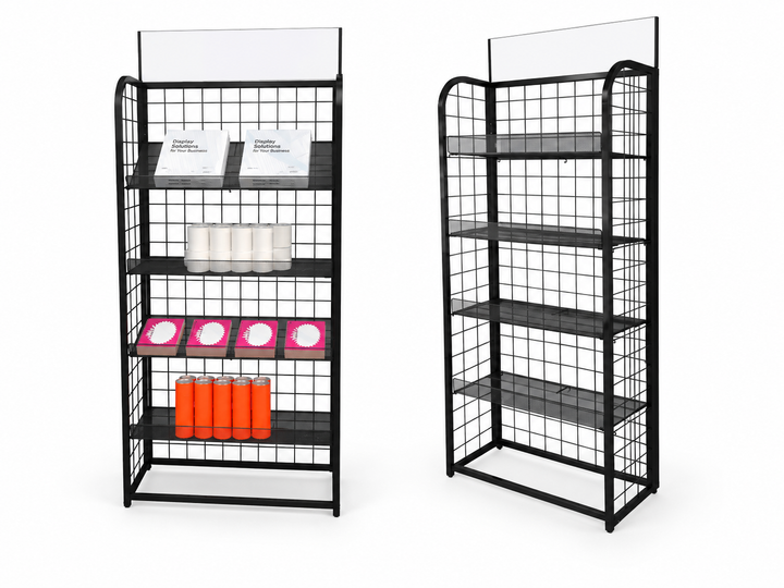 Metal Mesh Retail Rack – 4-Level Freestanding Display Shelf Organizer #A47