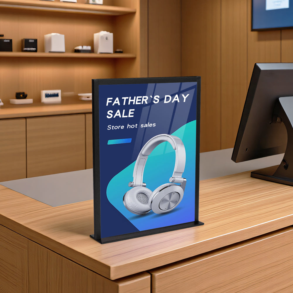 Countertop Metal Sign Holder – Steel Display Stand for Retail Counters & POS, Black or White, Sizes 4″×6″ / 5″×7″ / 8.5″×11″