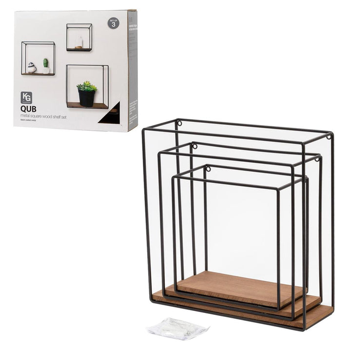 Kiera Grace QUB 3-Piece Metal & Wood Shelf Set - 12", 10", 8" Square Floating Shelves - Modern Home Storage