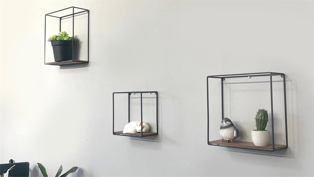 Kiera Grace QUB 3-Piece Metal & Wood Shelf Set - 12", 10", 8" Square Floating Shelves - Modern Home Storage