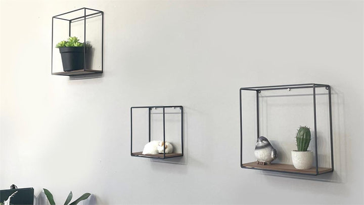 Kiera Grace QUB 3-Piece Metal & Wood Shelf Set - 12", 10", 8" Square Floating Shelves - Modern Home Storage