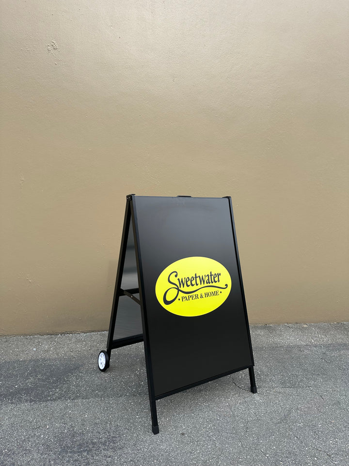 Black Metal A-Frame Sign with Wheels – Portable Sidewalk Sign for Outdoor Advertising
