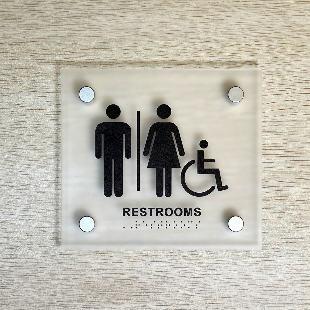 Frosted Wall Mount Washroom Sign with Spacers – Modern Bathroom Door Sign for Offices, Hotels & Restrooms