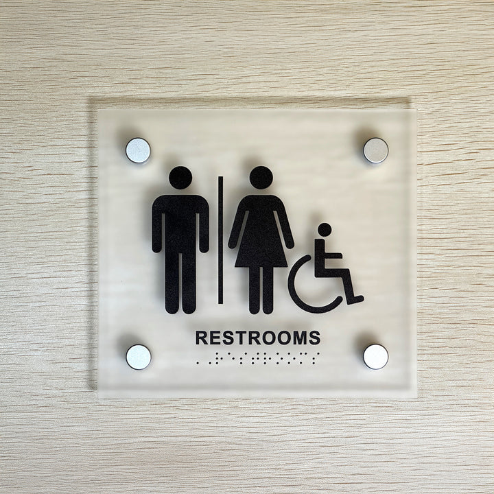 Frosted Wall Mount Washroom Sign with Spacers – Modern Bathroom Door Sign for Offices, Hotels & Restrooms