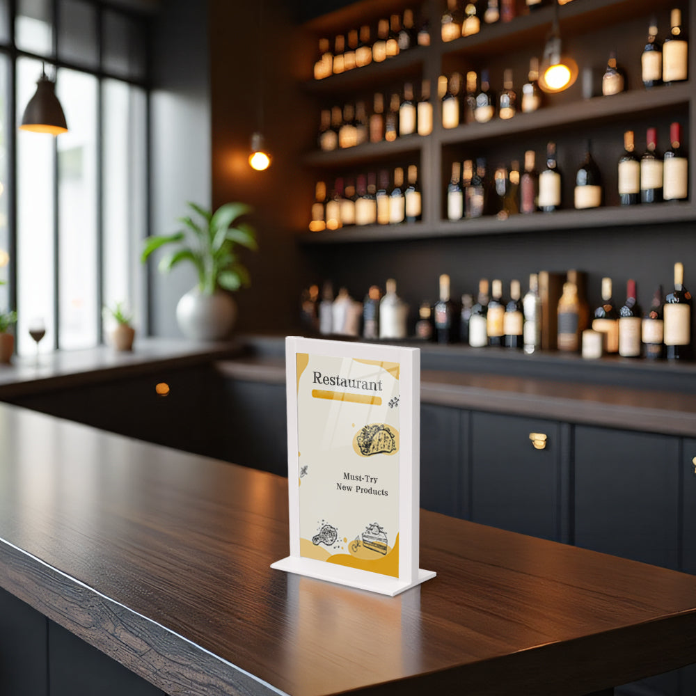 Countertop Metal Sign Holder – Steel Display Stand for Retail Counters & POS, Black or White, Sizes 4″×6″ / 5″×7″ / 8.5″×11″