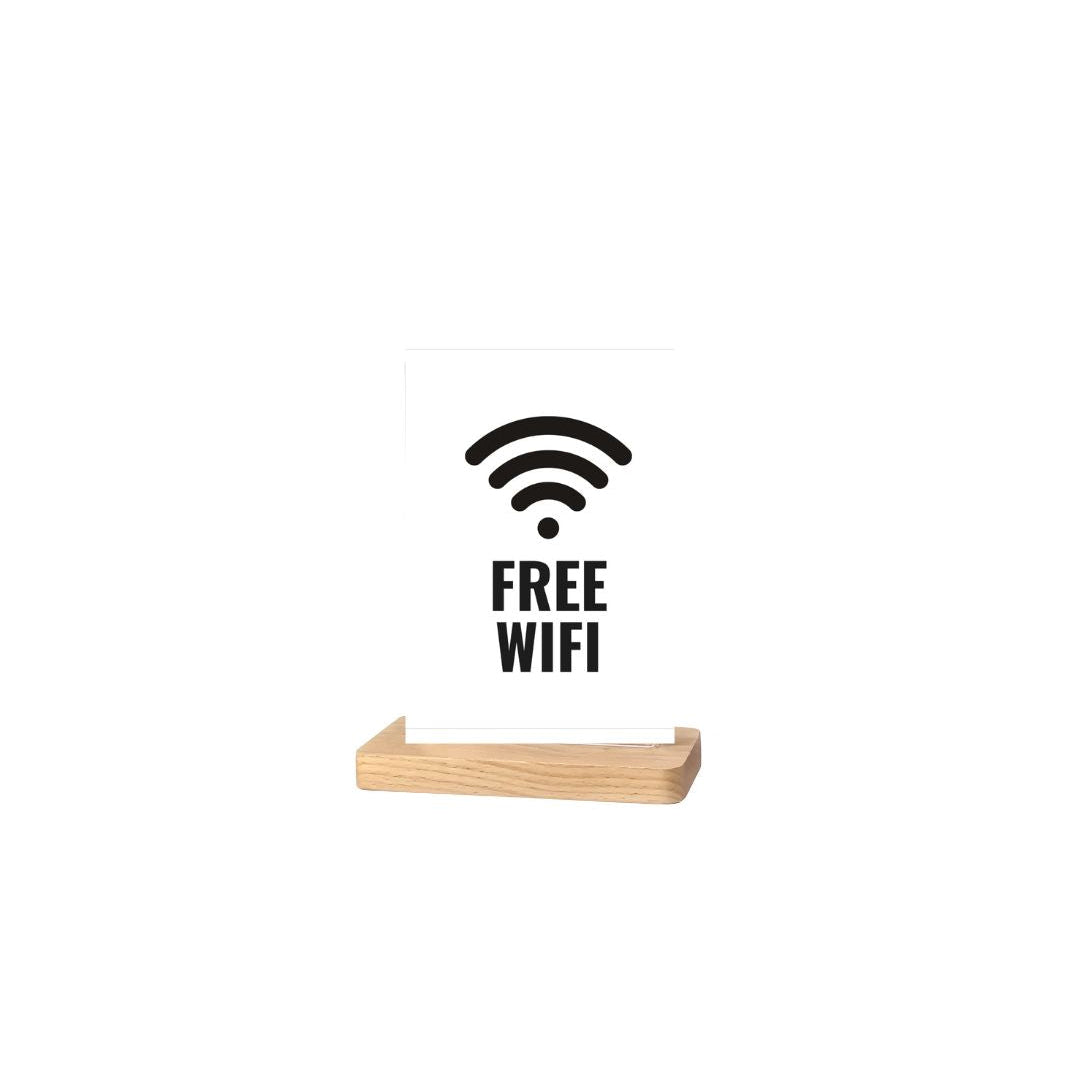 Acrylic WiFi Sign with Wood Base – 6″×8″ Tabletop Guest Wi‑Fi Display – Counter Sign for Cafés, Offices, Airbnb & Small Business