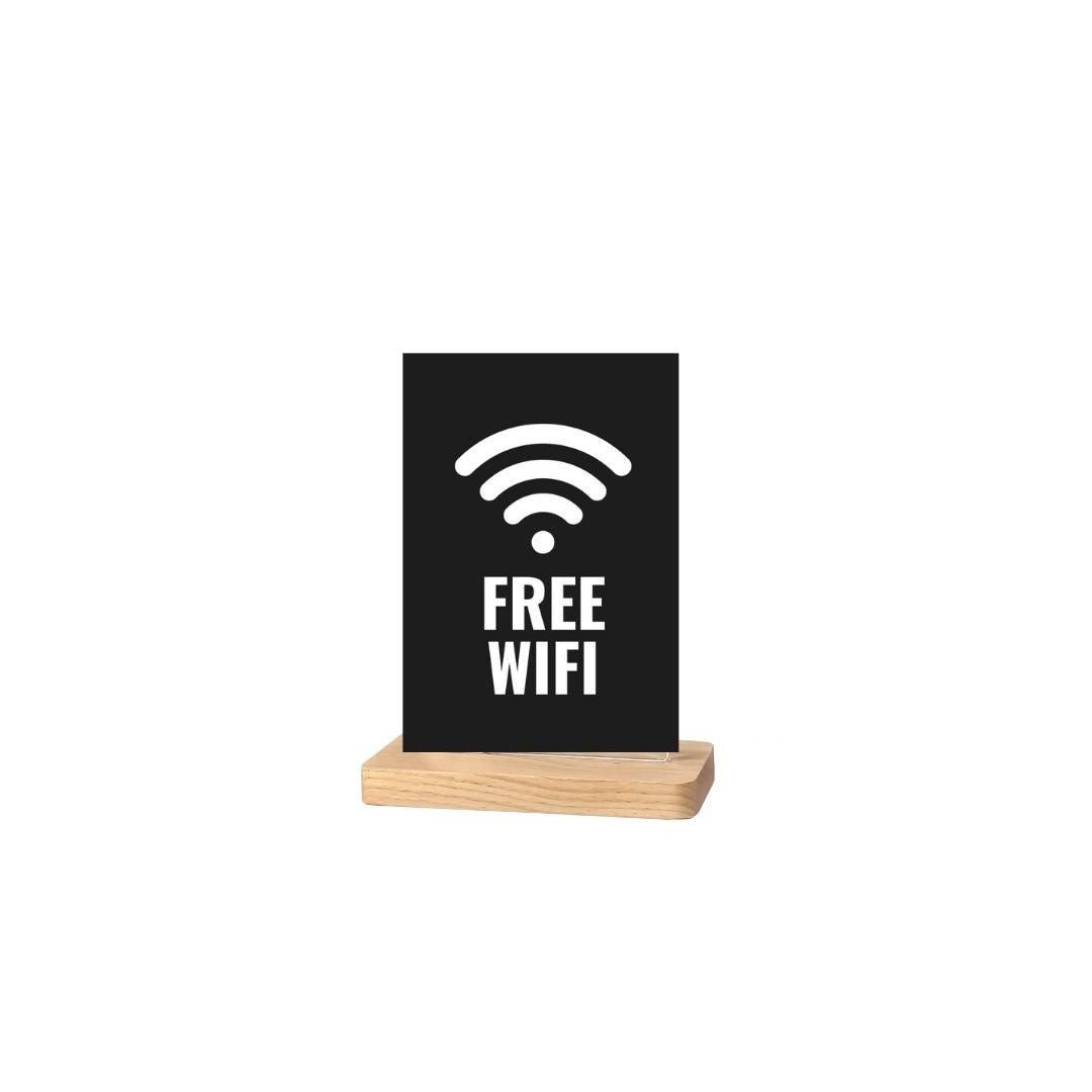 Acrylic WiFi Sign with Wood Base – 6″×8″ Tabletop Guest Wi‑Fi Display – Counter Sign for Cafés, Offices, Airbnb & Small Business