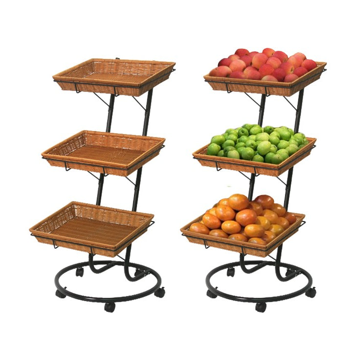 3-Tier Grocery Wicker Basket Display Stand with Wheels | Produce, Bakery & Retail Merchandising Display #DPGWBS020