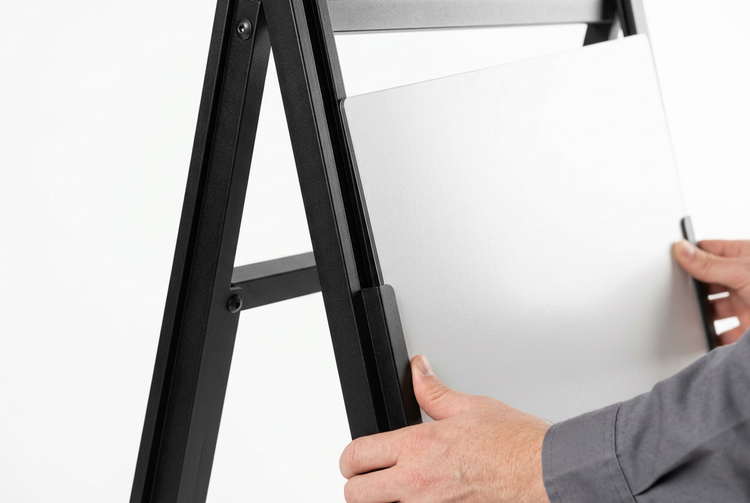 Close-up of aluminum composite panel insert sliding into the channel rail of a black metal A-frame sign holder, showing correct fit