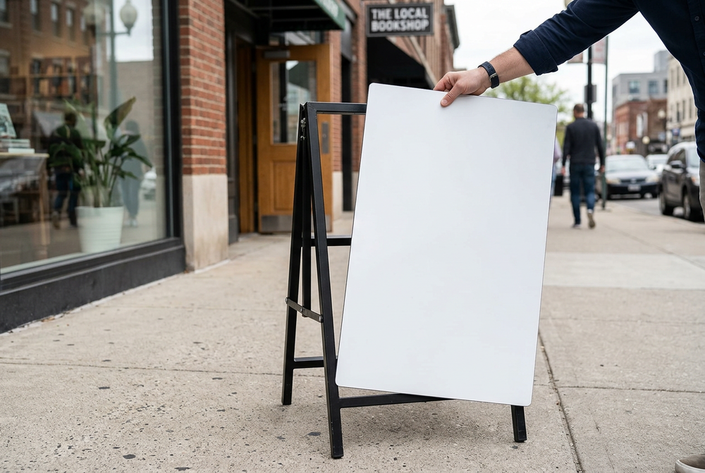 Person holding a 24x36 inch aluminum panel insert next to an A-frame sidewalk sign outside a retail storefront, showing real-world scale