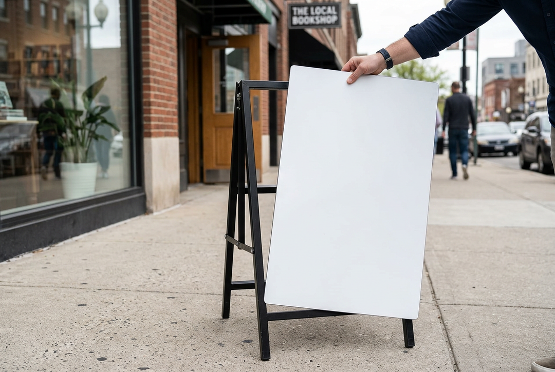 Person holding a 24x36 inch aluminum panel insert next to an A-frame sidewalk sign outside a retail storefront, showing real-world scale