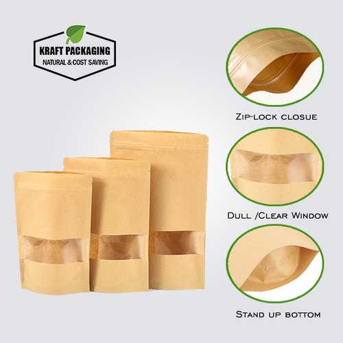 Kraft Paper Zip Lock Bags with Clear Front Window – Food-Safe, Resealable Stand-Up Pouches for Snacks, Tea & Retail Packaging (200 pcs)