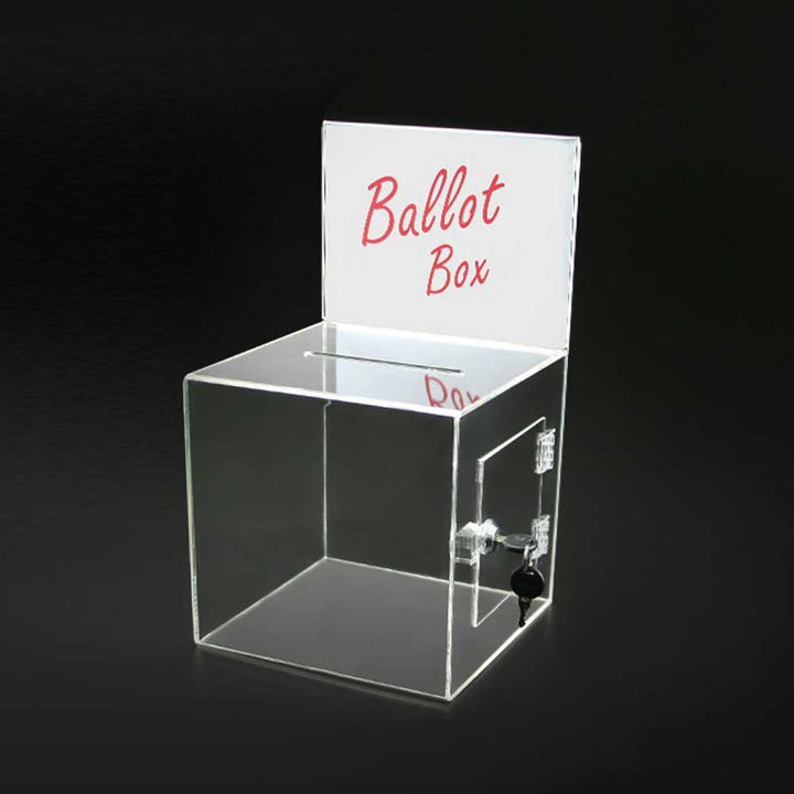 Clear Acrylic Ballot Box with Lock & Key – 8” Secure Donation & Suggestion Box with Slot  #BBOX008