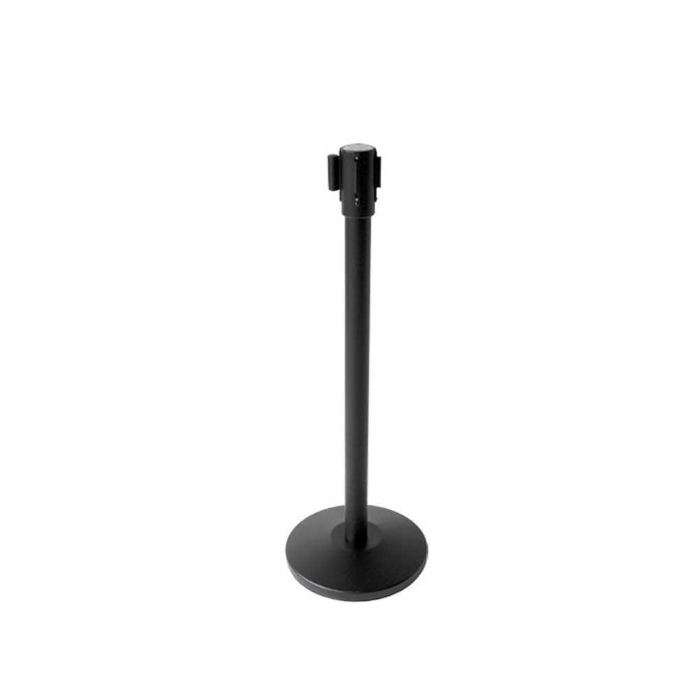 ST001 4-Way Black Stanchion Post with Black Belt – Heavy Duty Event & Retail Crowd Control - One Stanchion and base