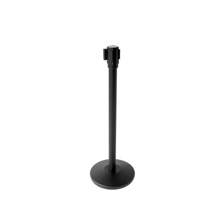 ST001 4-Way Black Stanchion Post with Black Belt – Heavy Duty Event & Retail Crowd Control - One Stanchion and base