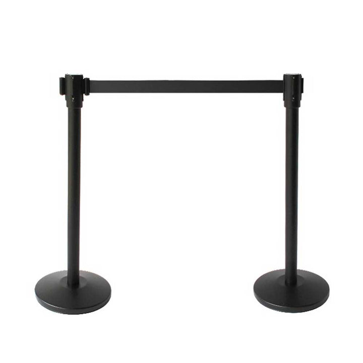 ST001 4-Way Black Stanchion Post with Black Belt – Heavy Duty Event & Retail Crowd Control - One Stanchion and base