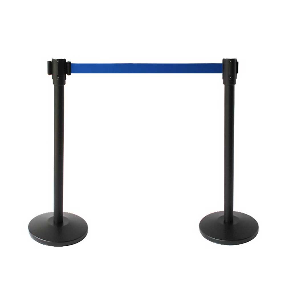 ST001 4-Way Black Stanchion Post with Black Belt – Heavy Duty Event & Retail Crowd Control - One Stanchion and base