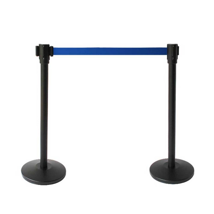 ST001 4-Way Black Stanchion Post with Black Belt – Heavy Duty Event & Retail Crowd Control - One Stanchion and base