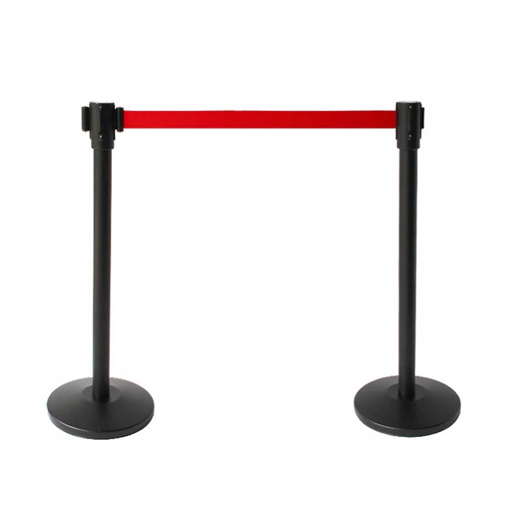 ST001 4-Way Black Stanchion Post with Black Belt – Heavy Duty Event & Retail Crowd Control - One Stanchion and base