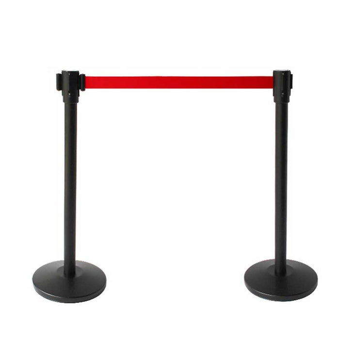 ST001 4-Way Black Stanchion Post with Black Belt – Heavy Duty Event & Retail Crowd Control - One Stanchion and base